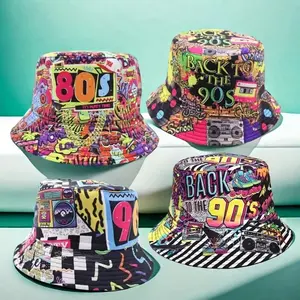 Lightweight Polyester Bucket Hat with Reversible Graffiti Print for Men and Women - Retro Disco Party Fisherman Cap 80's and 90's