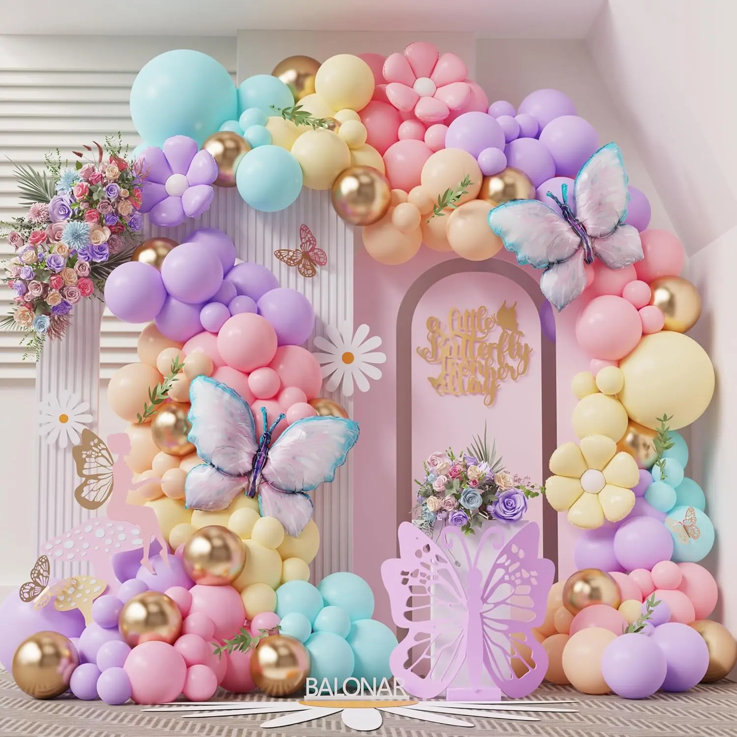 Daisy Butterfly Balloon Garland Arch Kit With Pastel Macarone Pink Blue Yellow Purple Gold Latex Balloons For Birthday Party Wedding Decorations (Macarone)