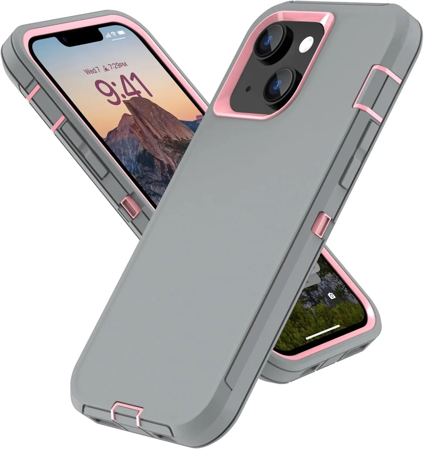 Protection Case for  13 & 15 Phone,  14 Case Heavy Duty Shockproof  Rubber Cover, Rugged Hybrid Durable Phone Cases for  13/14/15 in 6.1 Inch. (Grey/Pink)