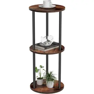 11.8'D Round Drink Table - 3-Tier Small Side Table with Wood Legs, End Table for Small Space, Balcony & Office |   Space-Saving, Multi-Functional (Plants, Books, Drinks), Brown