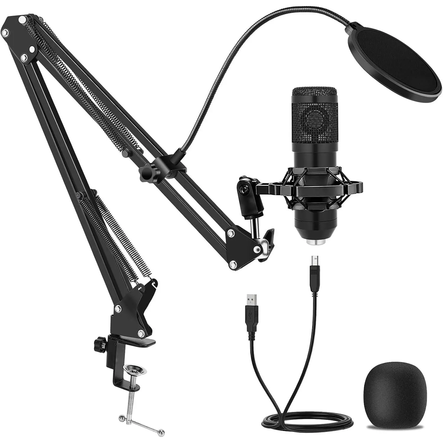 USB Condenser Microphone Kit - Manual Adjustable Boom Arm Stand, Shock Mount, Mic Cover, USB Powered Accessories for YouTube Vocals, Live Streams, Gaming