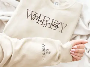 Custom Wifey Sweatshirt with Date on Sleeve, Personalized Wife Sweatshirt, Mrs Sweatshirt, Best Gifts For Women, Bride Sweatshirt