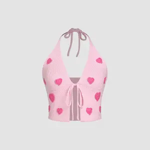 Cider [2 colors, size 0-24] Heart Knit Halter Crop Cami Top