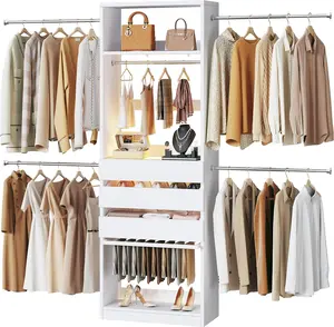 Closet System, 4-8FT Closet Organizer with 3 Wood Drawers & Glass Top, 102'' Walk in Closet with 5 Hang Rods & LED Lights & Trouser Rack, Built-in Wardrobe Clothes Rack with Shelves and Tower, White