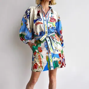Women's Linen Button Down Dress 2026: Printed Shirt Cardigan & Tie Waist Midi Gown - Casual Summer Beach Cover Up