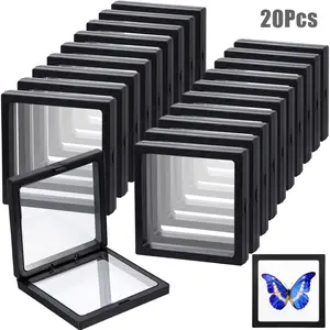 20pcs 3D Floating Display Case, Clear Film Jewelry Storage Box, 3D Floating Coin Display Case Sturdy Frame Stand, 2.7 X 2.7 X 0.8 Inches