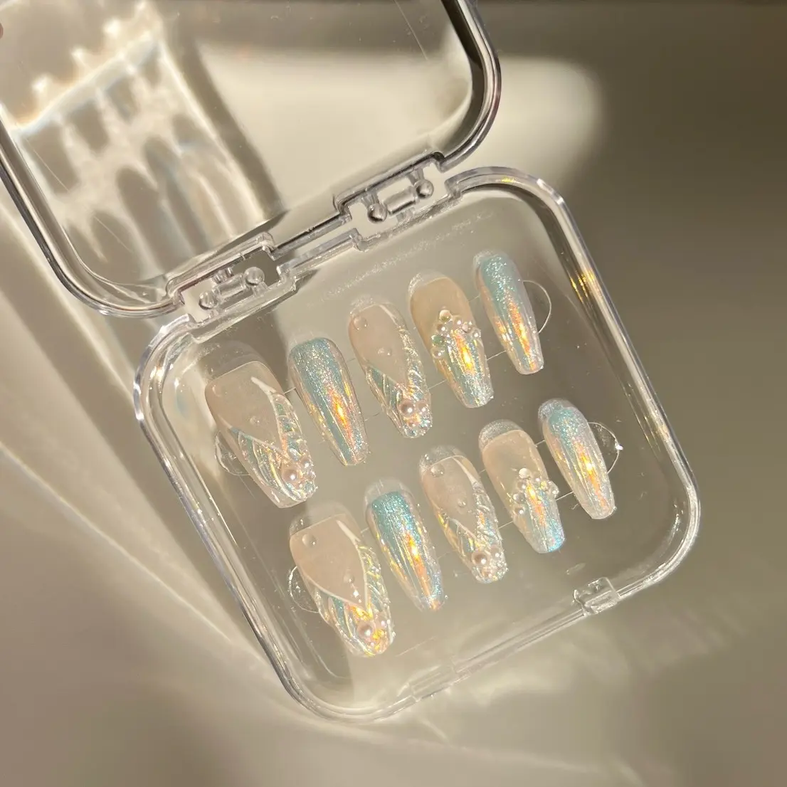 Mermaid Sunset Press On Nail Set - Color Changing, Cat Eye Effect, Handmade