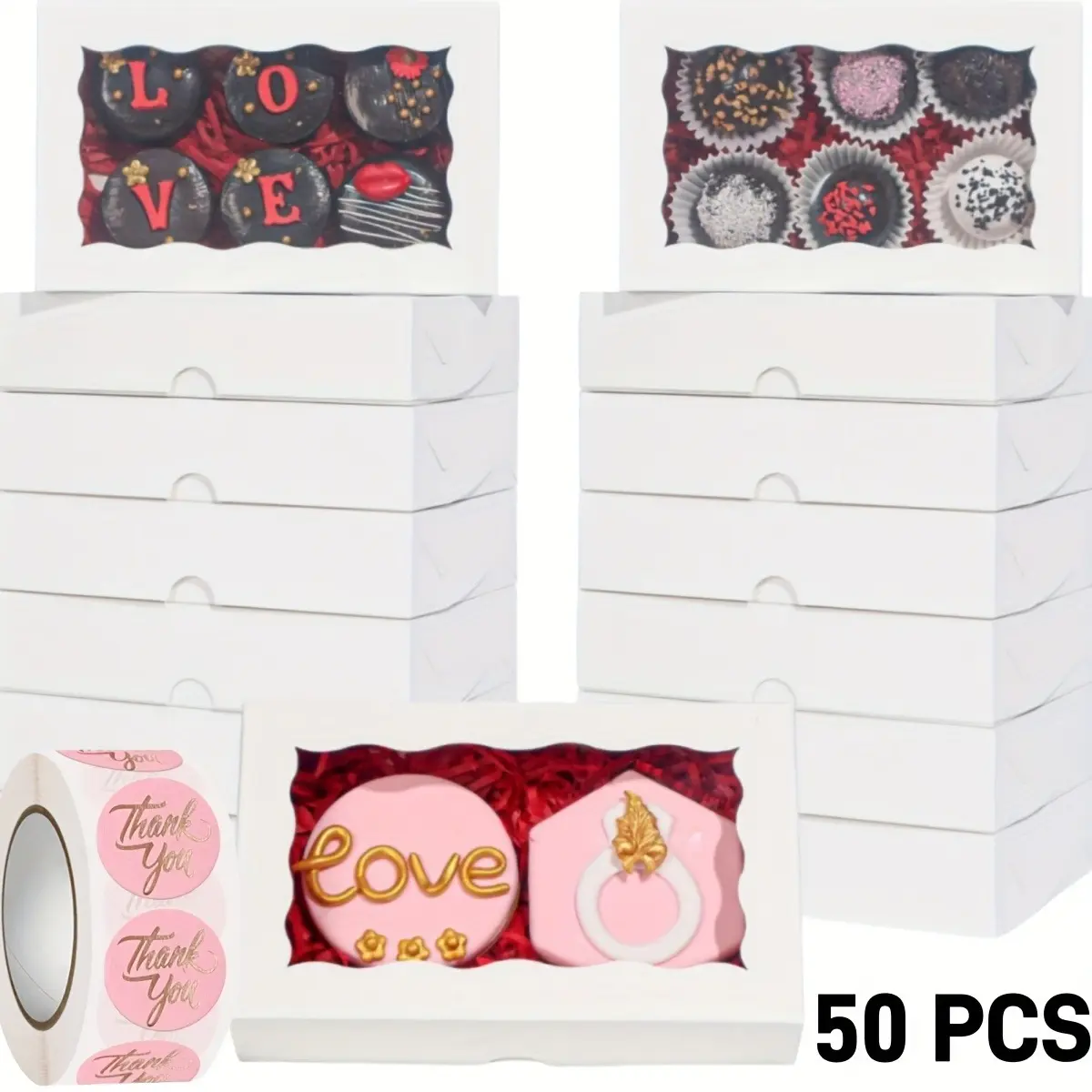 50pcs DIY White 7*4.3*1.5 Inches Cookies Boxes with Window Bakery Packaging for Macaron Cakesickle Chocolate