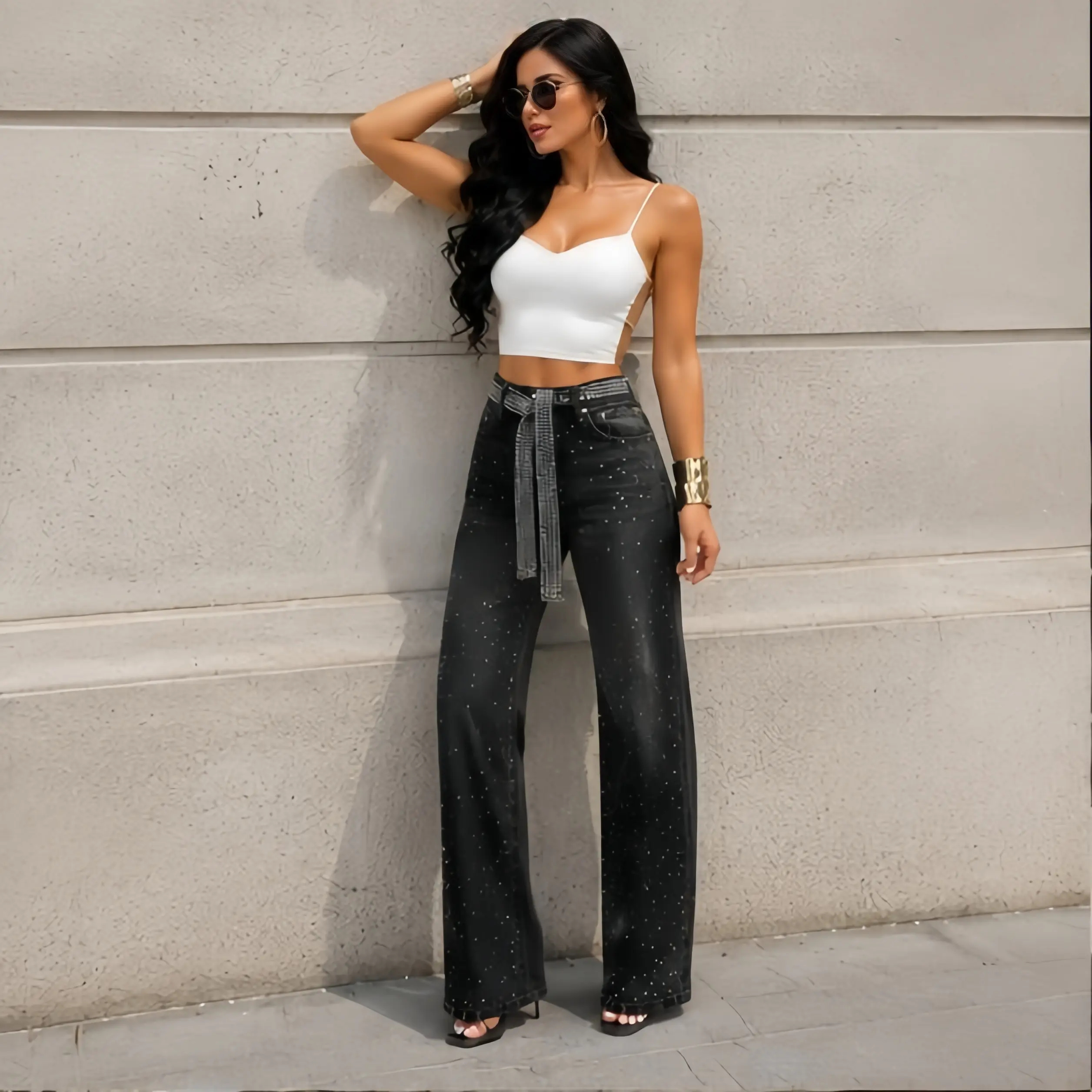 Women's Bling Rhinestone Jeans High Rise Wide Leg Denim Pants Casual Baggy Streetwear Y2K Fashion
