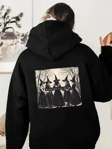 Women's Witch & Letter Print Drop Shoulder Hoodie, Fashion Casual Halloween Themed Drawstring Pocket Hooded Sweatshirt for Daily Holiday Outdoor Wear, Women Clothing for Fall & Winter