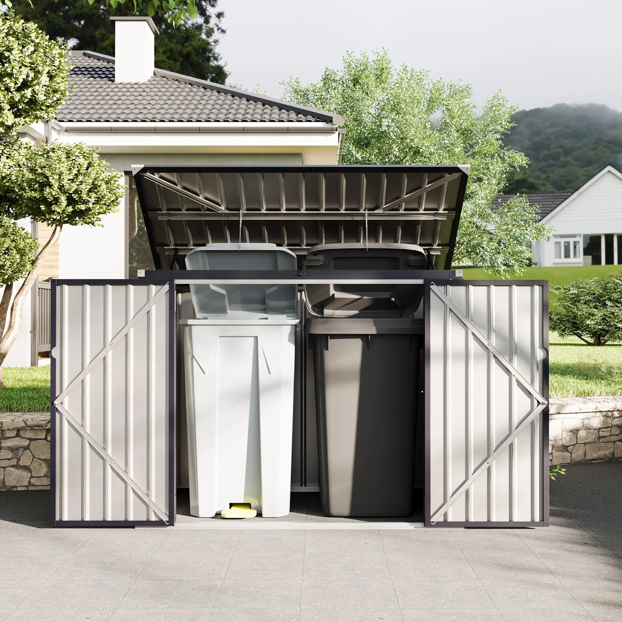 2 Trash Cans Metal Outdoor Storage, 3x6 FT Garbage Bin Storage Shed with Chain Lid, Garbage Can Metal Sheds for Garden, Backyard, Lawn and Patio