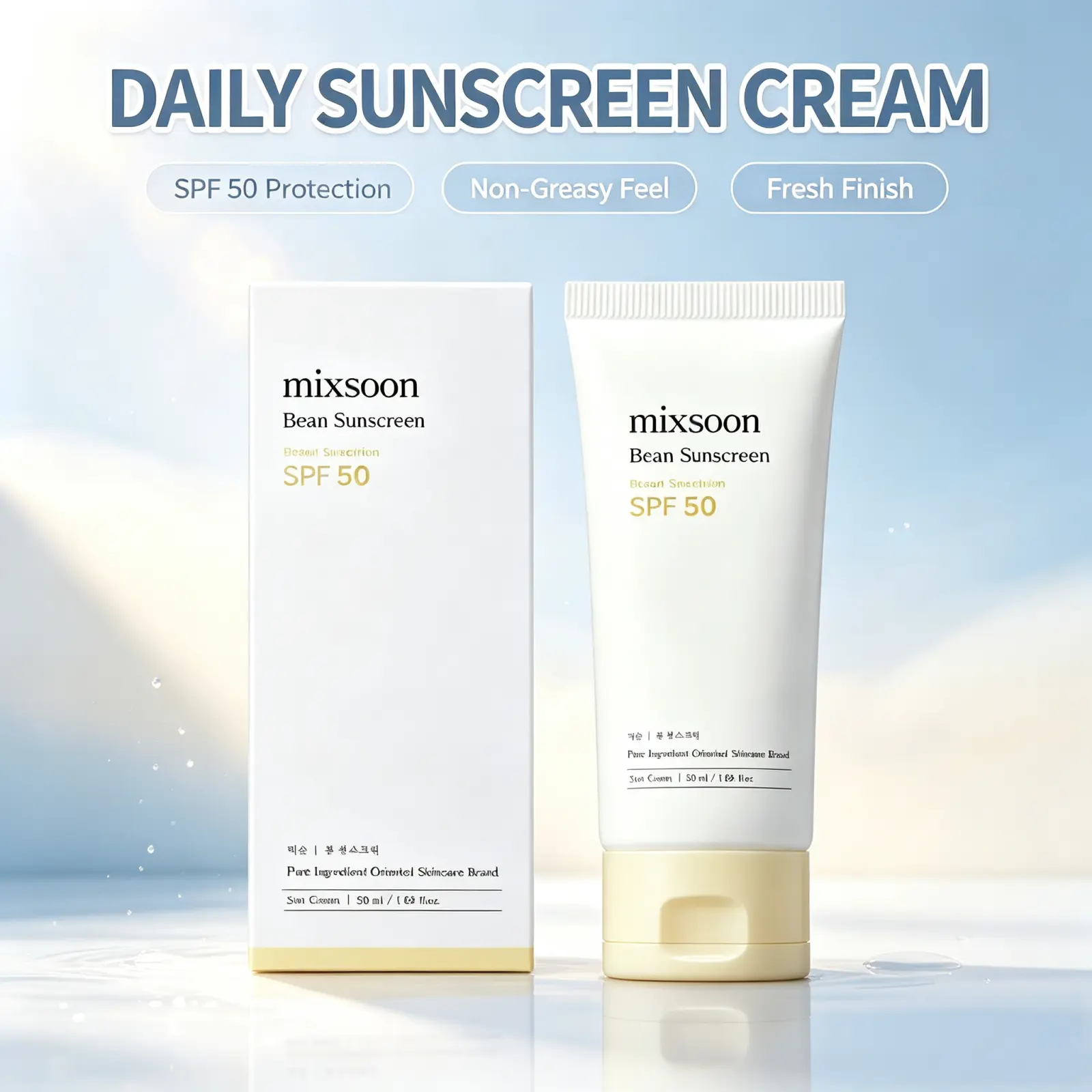 mixsoon Airy Bean Facial Sunscreen, 1.69 fl.oz, SPF50 Broad-Spectrum UV Protection, Gentle Lightweight Hydrating Formula, No White Cast, Smooth Layering Under Daily Makeup, Suitable for All Skin Types