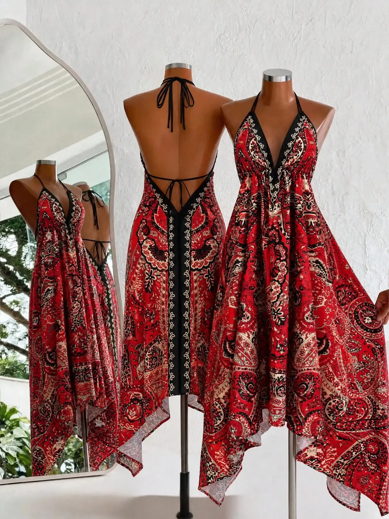 Women's Summer Boho Print Halter Maxi Dress, Deep-V Backless Waist-Cinch Sexy Dress for Beach Vacations and Daily Wear