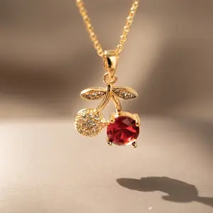 Red Cherry Pendant Necklace Gold CZ Fruit Charm Sweet Cute Jewelry Gift for Women Girls