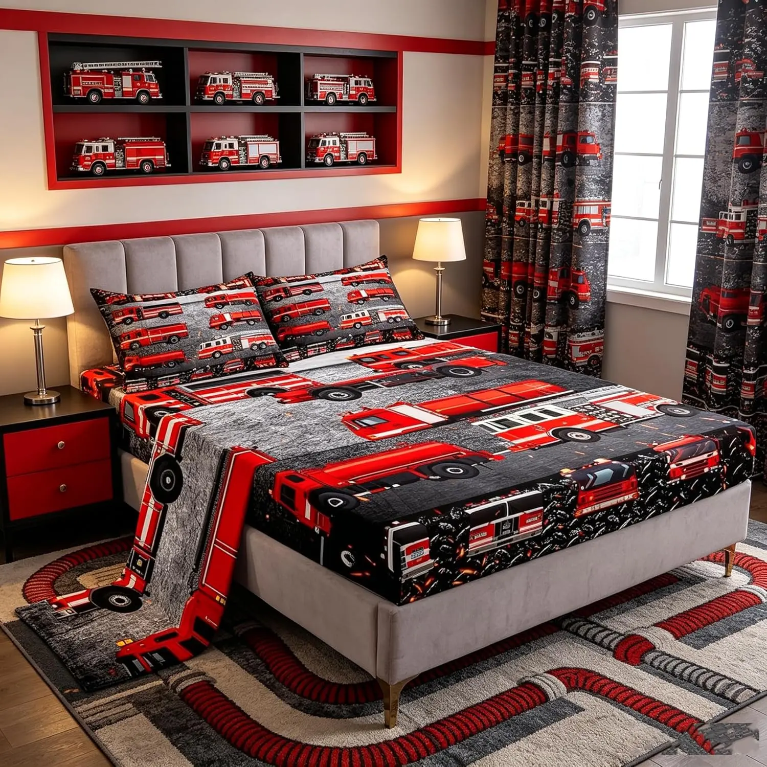 Firefighting Truck Sheet Set,Red Fire Truck Bed Sheet Set Deep Pocket Fitted Sheet + Flat Sheet,Emergency Rescue Vehicle Bedding Set