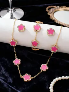 Elegant Four-Piece Set, Style Clover Pearl Rhinestone Jewelry, Necklace Bracelet Earrings, French Chic Accessories