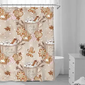 Coffee Cup & Gingerbread Man Pattern Shower Curtain, 1 Count Waterproof Bathroom Curtain, Bathroom Accessories, Home Decor Supplies