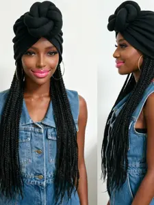 Long 24Inch Synthetic Black  Box Braided With Headband Elasticated Band Turban Hat Box Braiding Hair Extensions Head Scarf Easy Hairstyle Wigs For Black Women