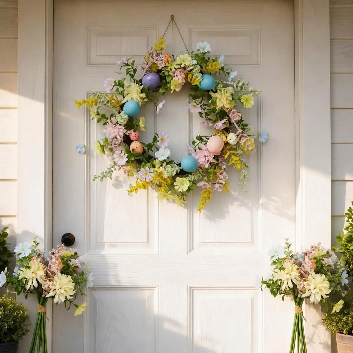 GARVEE Easter Wreath for Front Door – 24 inch Spring Floral Wreath with Easter Eggs, Greenery, Real Rattan Base & 2 Matching Bouquets for Seasonal Home Decor