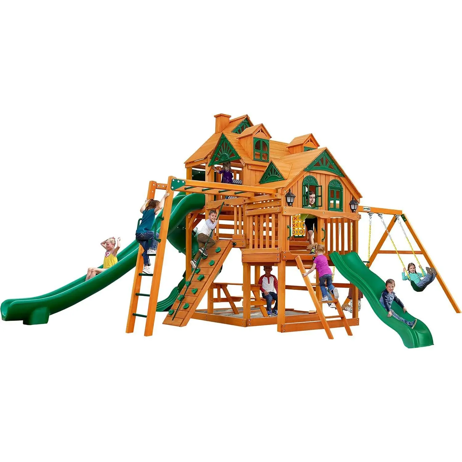 URGEWGorilla Playsets 01-0089-AP Empire Wood Swing Set with 3 Play Decks, 3 Slides, and Monkey Bars, Brown