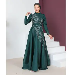 Modest Muslim Women’s Glamor Mesh Overlay Formal Dress with Embellished Rhinestones - G665 Emerald Green