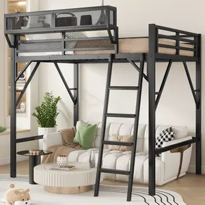 Full Size Loft Bed with Ladder, Metal Full Loft Bed with Storage Shelves, High Loft Bed for Kids Teens, Black(Expect Arrival Date 2025/7/20) Patent Products