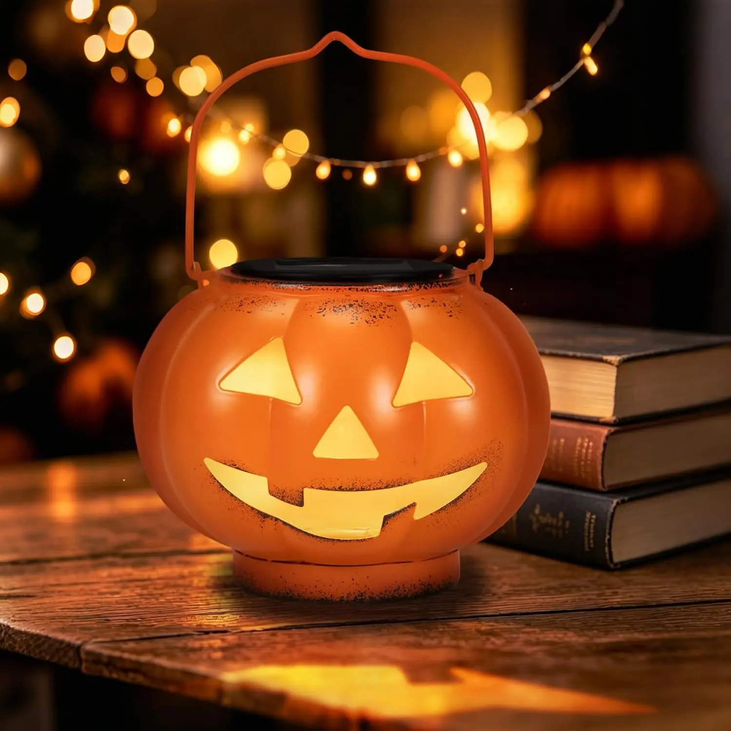 6.4in Traditional Halloween Solar Pumpkin Lantern, IP65 Waterproof Jack O' Lantern, Lightweight Metal Hanging Warm-Light Outdoor Window Decoration, Portable Fall Yard Gift for Family