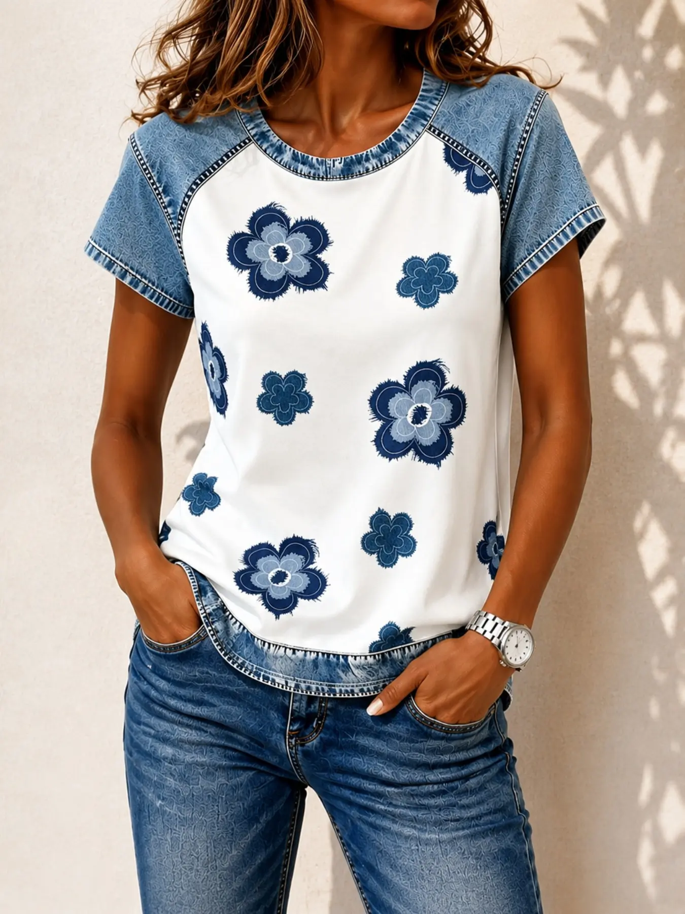 Casual Sporty Colorblock Raglan Short Sleeve T-Shirt, Casual T Shirts, Vintage Blue Floral Print Round Neck Loose Top, Comfortable and Stylish Summer Wear