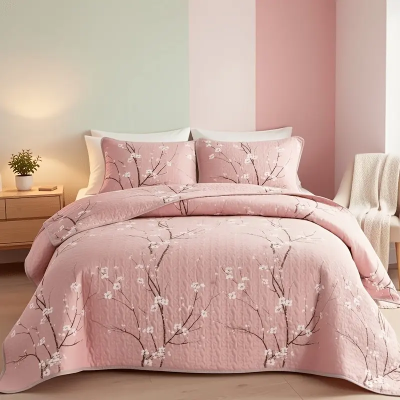 2/3pcs Multicolour Tree Branch Plum Blossom Quilted Quilt, 1pc Quilted Quilt+ 1/2pcs Pillowcases, Soft Breathable Comfortable Portability Hypoallergenic Machine Washable Bed Cover Bedding Room Decor, Twin/ Queen/ King Size