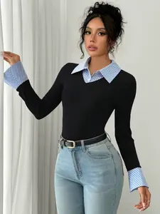 Women's Casual Striped Long Sleeve Shirt, Patchwork V-Neck Design, Fashionable Office Wear, Slim Fit Pullover, Academic Style