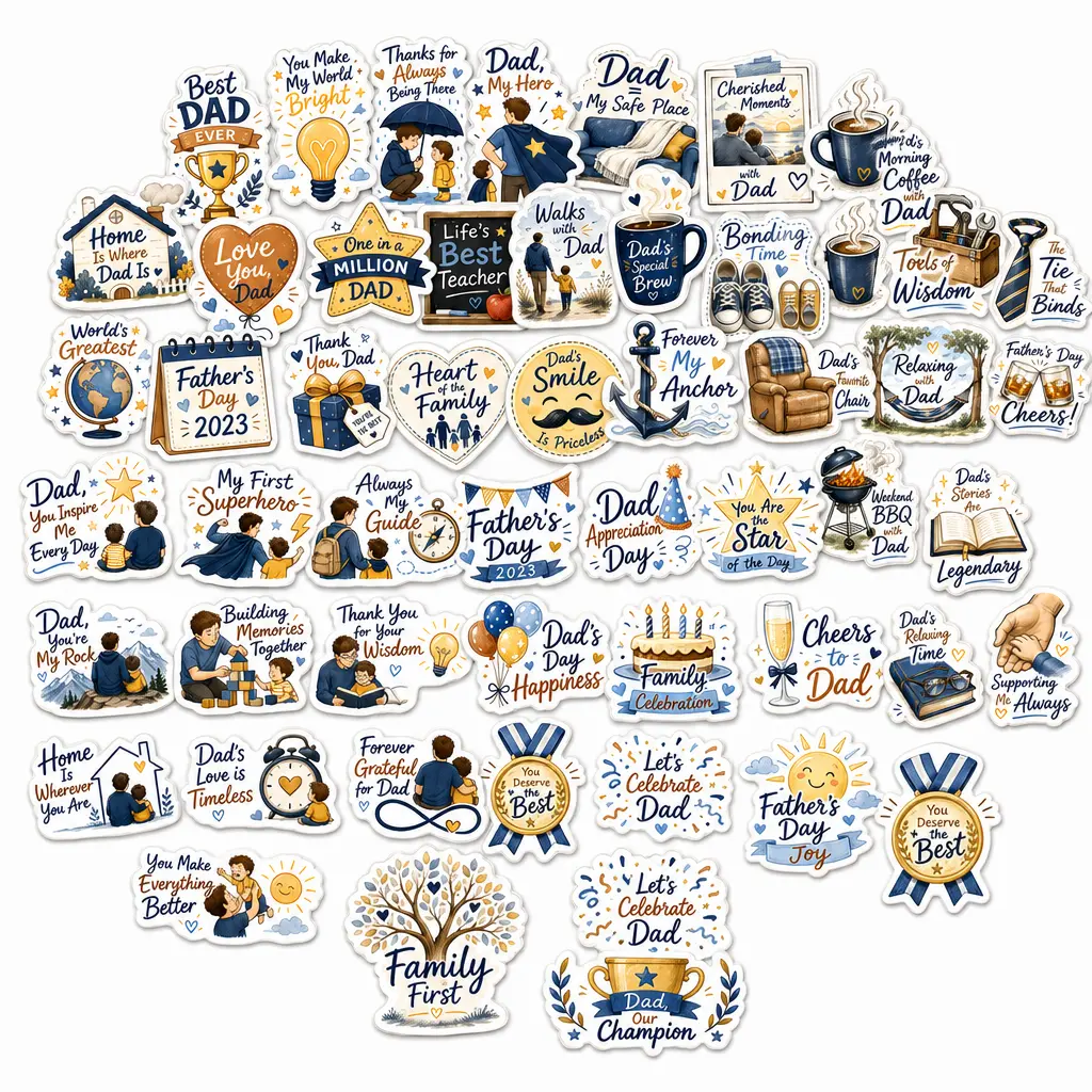 Father's Day 50-Piece Original Father-Themed Waterproof Vinyl Stickers Pack - Die-Cut Edges, Non-Copyrighted Sketch Art, Dad Appreciation Gift, Ideal for Laptops, Water Bottles