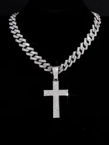 1pc Heavy Industry Fashion Cross Pendant Necklace for Men Punk Style Cuban Link Necklace Iced out Bling Cross Pendant with Cuban Chain set Religious Christian Necklace Fashion Accessories Suitable for Daily Matching