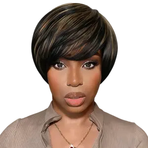 SuperNova #P1B/27 100% Human Hair Pixie Cut Wig with Bangs | Short Straight Machine Made Put On & Go Wig, Natural Black Wig for Black Women