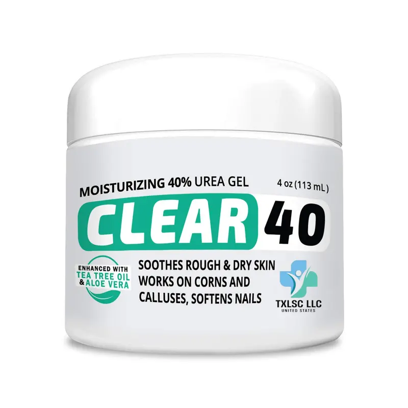 CLEAR 40 Urea Cream 40 Percent for Feet Maximum Strength 4oz with Tea Tree Coconut Oil & Aloe Vera Exfoliating Urea Foot Cream for Cracked Heels Calluses Corns & Dry Skin Moisturizing Gel for Feet Hands Elbows & Nails