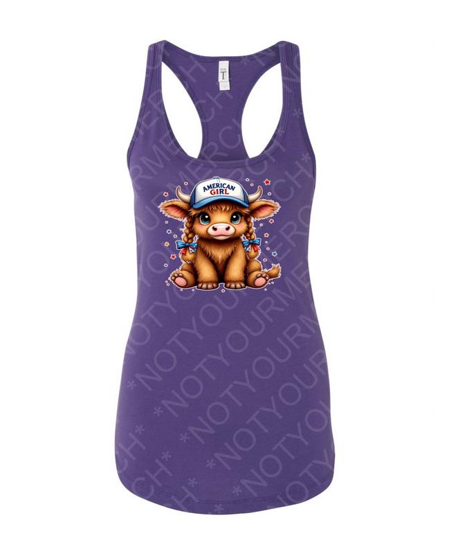 American Girl Highland Cow Tank – Cute Patriotic Animal Top