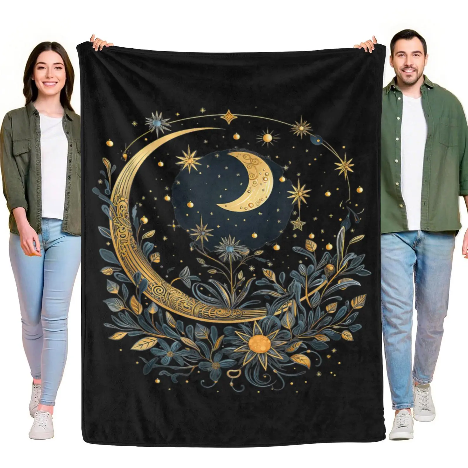 Decorative Flannel Throw Blanket - Multi-Size Rectangular Home Decor Tapestry, Ornate Golden Crescent Moon, Star, Floral Celestial Mystic Nighttime Black Sky Design, Boho Room Accent