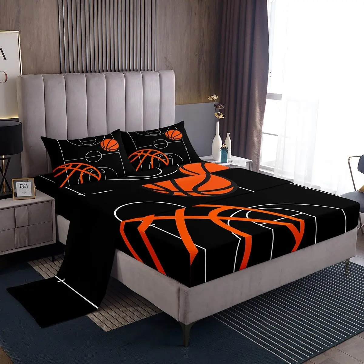 Feelyou Basketball Themed Bedding Set - Microfiber Bed Sheets with Deep Pocket Fitted Sheet, Soft Breathable Gaming Sport Black Linens, Soft Breathable Sheet