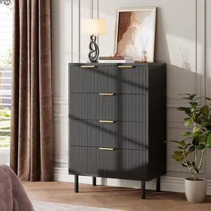 Black Wave Fluted 5-Drawer Bedroom Dresser, Modern Wood Chest with Wide Compartments, Closet Drawers Organization Unit with Anti-Tipping Device and Metal Legs for Hallway Entryway Storage Cabinet