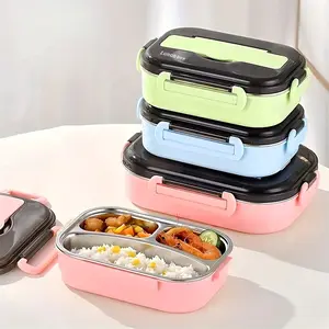 1pc Student Lunch Box Square Compartment Bento Box Japanese Style Microwave Safe Stainless Steel Insulated Food Container, Food Storage