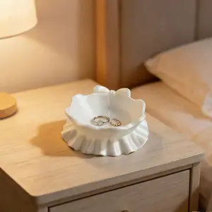 White Ceramic Jewelry Holder Organizer Plate, Jewelry Storage Box | Cute Ruffled Bow | Decorative Trinket Dish for Home Decor, Desks, Office, Parties, Car Decorations | Christmas, Thanksgiving, Valentine's Gifts