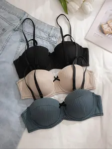 Women's 3pcs Bow Decor Adjustable Strap Bra with Hook Eye Design, Solid Elegant Push Up Bra for All Season, Soft Comfortable Lingerie for Women