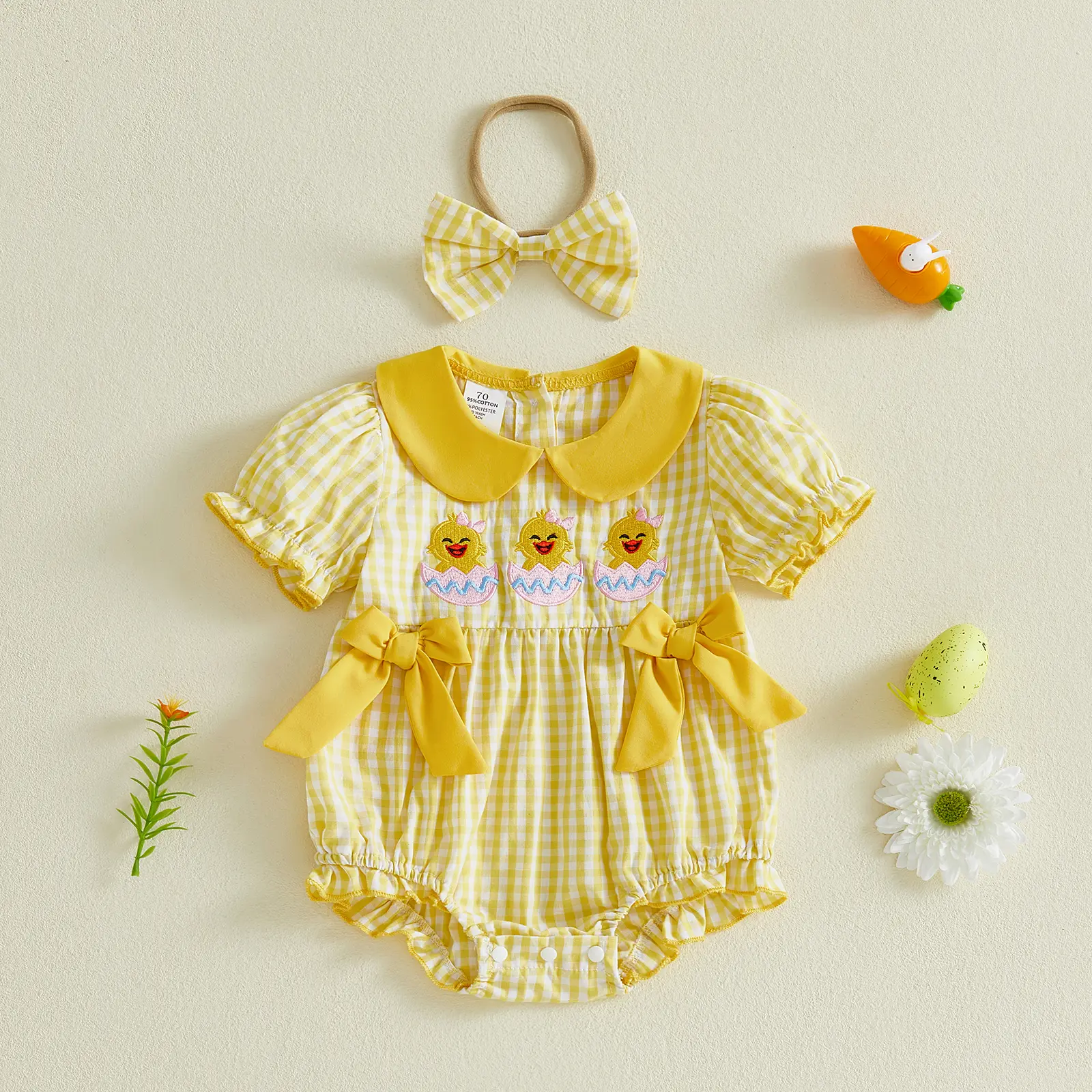 Infant Baby Girl Easter Outfits Short Sleeve Chick Embroidery Romper with Headband Set Spring Summer Clothes 0-24 Months