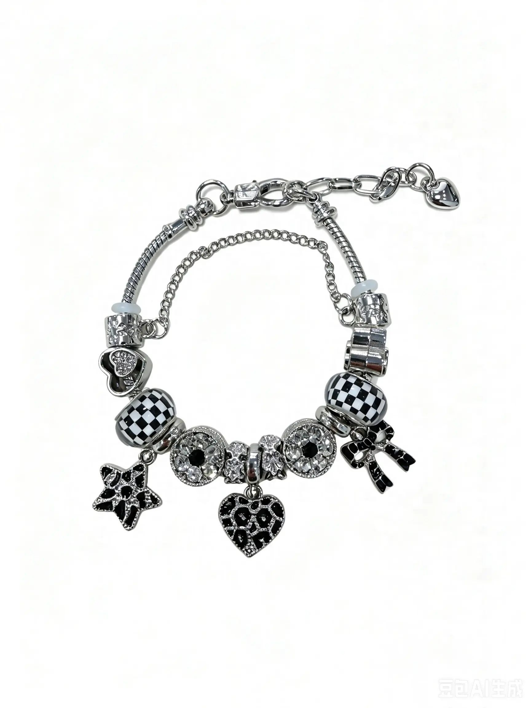 Black White Checkerboard Charm Bracelet, Y2K Aesthetic Bracelet with Rhinestone Star Heart Bow Pendants, Trendy Dangle Jewelry Gift for Women Teen Girls