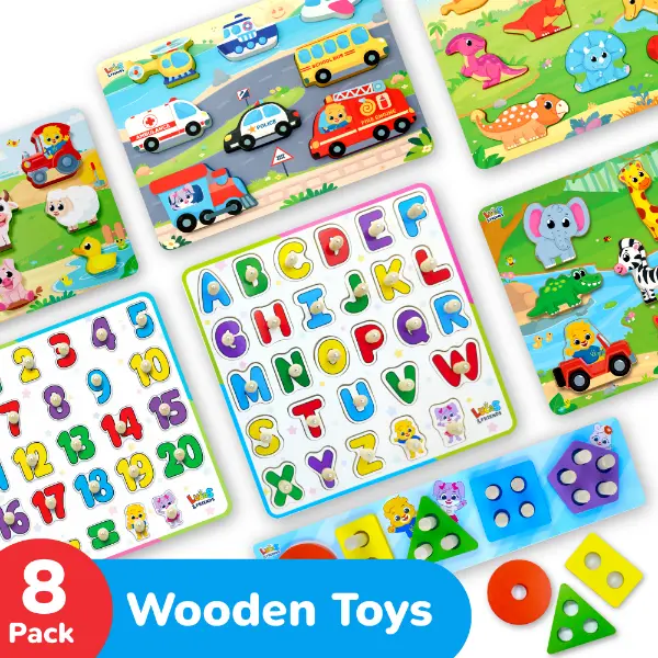 Lucas and Friends Ultimate Learning Puzzle Set | 8-in-1 Wooden Puzzle Collection Truck
