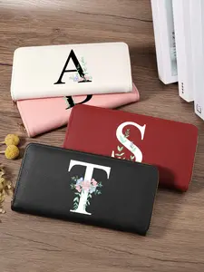 Chic Initial Greenery Floral Long Wallet, Fashion Monogram Full-Zipper Clutch Purse Large Capacity Multi-Slot Portable Card Holder for Women Daily Use & Travel