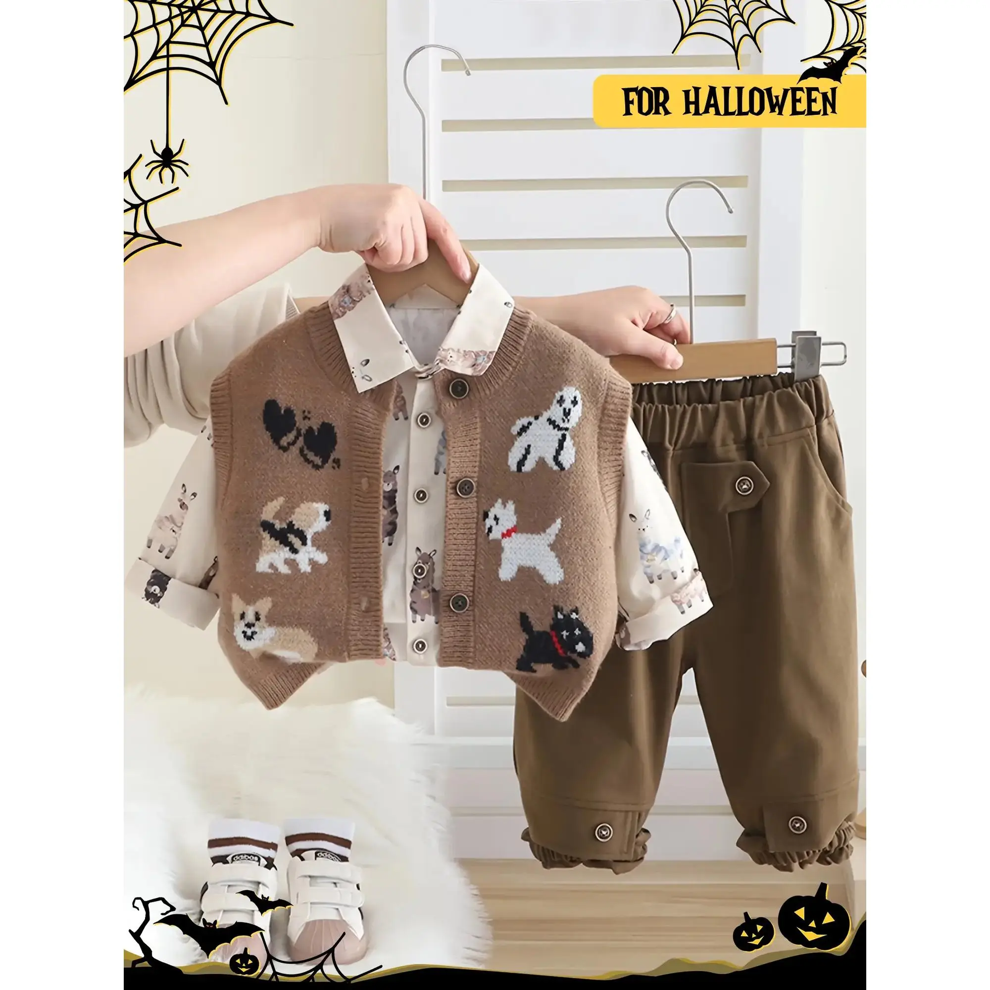 3pcs Kids' Cute Style Autumn/Winter Set: Dog Embroidery Vest + Printed Shirt + Casual Pants - Versatile, Comfortable Outfit for Back-to-School Season, Halloween & Christmas Styles, Essential for Holidays and Casual Attire, Perfect for Outdoor