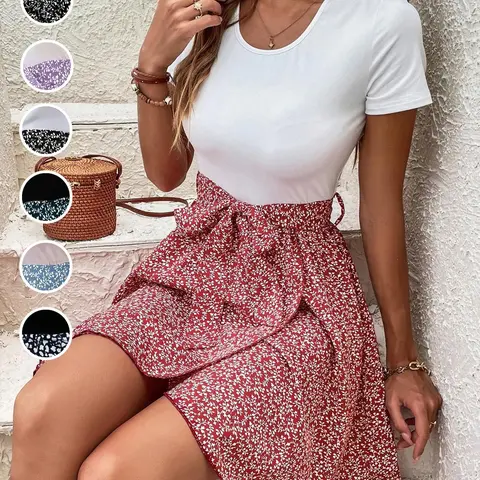 Women's Ditsy Floral Print Woven Belted Wrap Dress, Elegant Fashion Casual A Line Short Dress for Daily Outdoor Wear, Ladies Bottoms for Summer