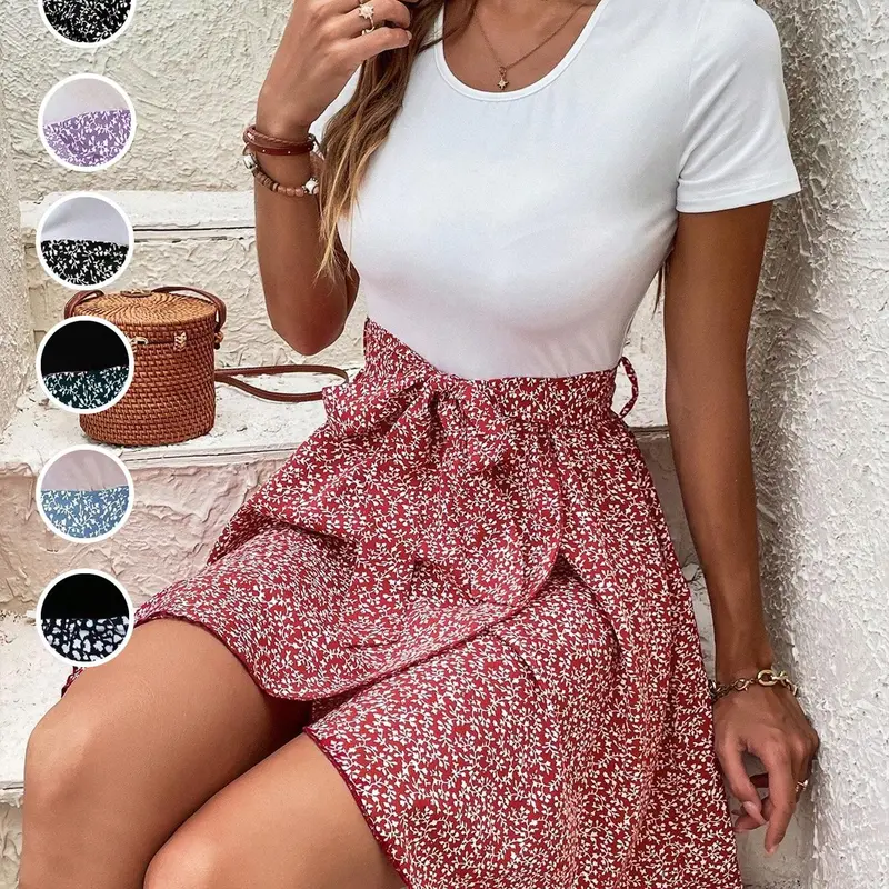 Women's Ditsy Floral Print Woven Belted Wrap Dress, Elegant Fashion Casual A Line Short Dress for Daily Outdoor Wear, Ladies Bottoms for Summer