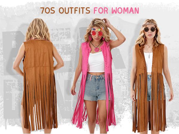 Women's Vintage 60s-70s Polyester Hippie Costume Set - Retro Fringe Vest Cowgirl Outfit with Flower-Crystal Headband, Sunglasses, Earrings, Necklace for Halloween Fancy Dress Cosplay