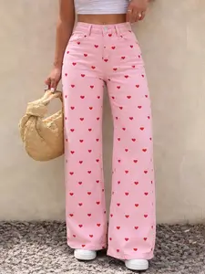 Spring Summer New Elastic High Waist pink heart Wide Leg Jeans High Waisted Denim, Casual Loose Fit H-Type Pants, Commuter Daily Vacation Versatile Women's Denim